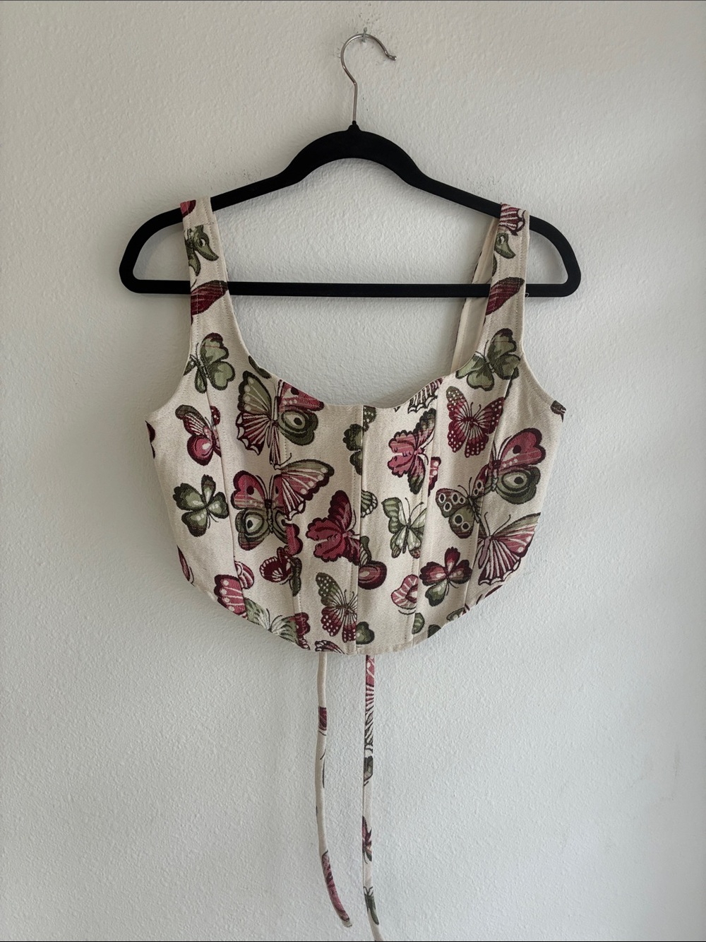 Butterfly Print Corset Crop Top - Cream with Pink & Green Motifs